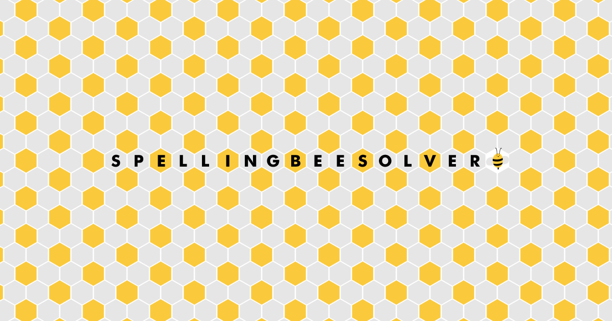 A honeycomb grid of yellow and gray hexagons with the words SPELLING BEE SOLVER running across the center in bold black sans-serif type, one letter per cell, followed by a small yellow and black cartoon bee in an empty white cell.